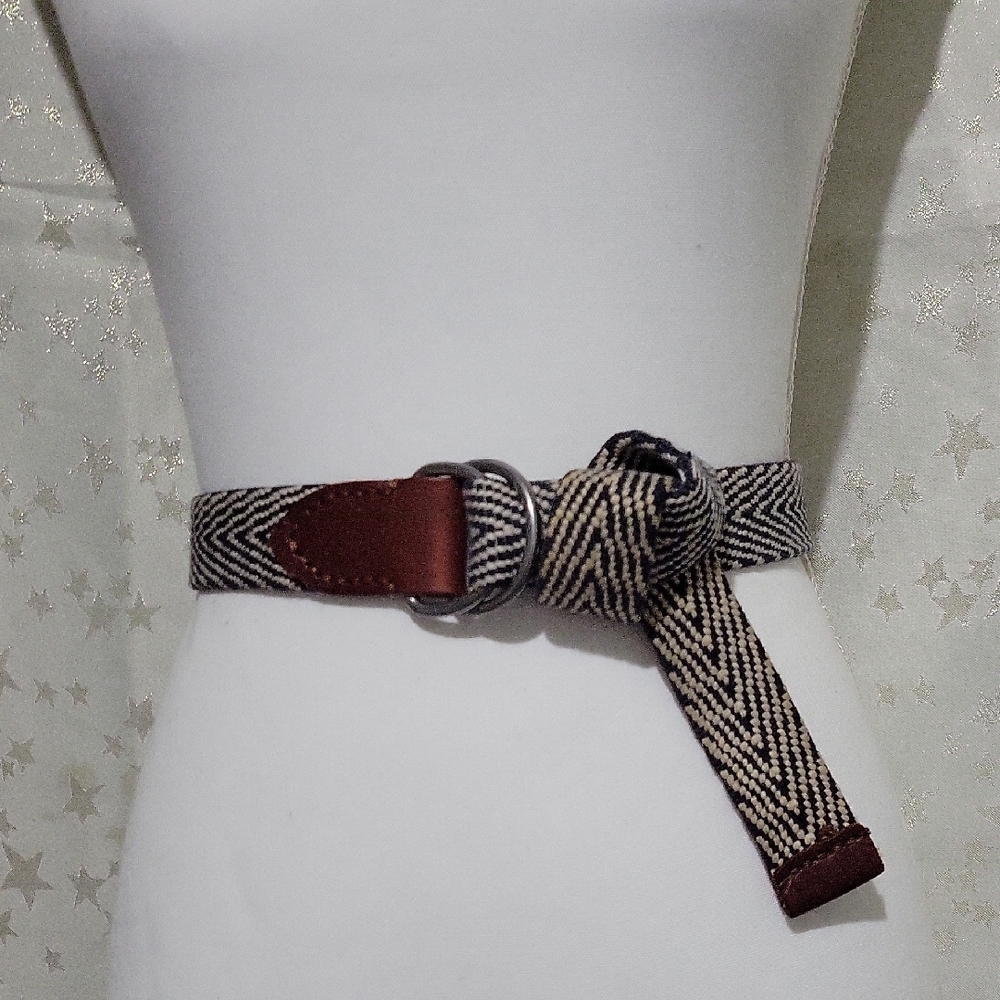 J. Crew Women's M Woven Blue & White D-Ring Waist Belt with Brown Leather